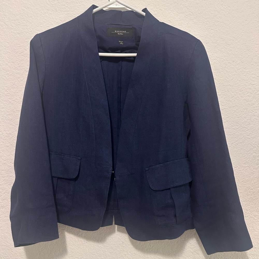 Weekend Max Mara Navy Blue Lightweight 100% Linen Blazer size 8